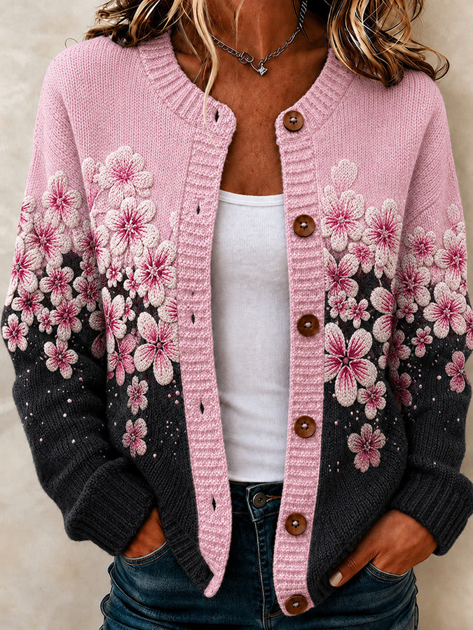 Women'S Casual Floral Plant Knitted Cardigan Top
