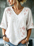 Women's cotton linen flower V-neck short sleeved shirt