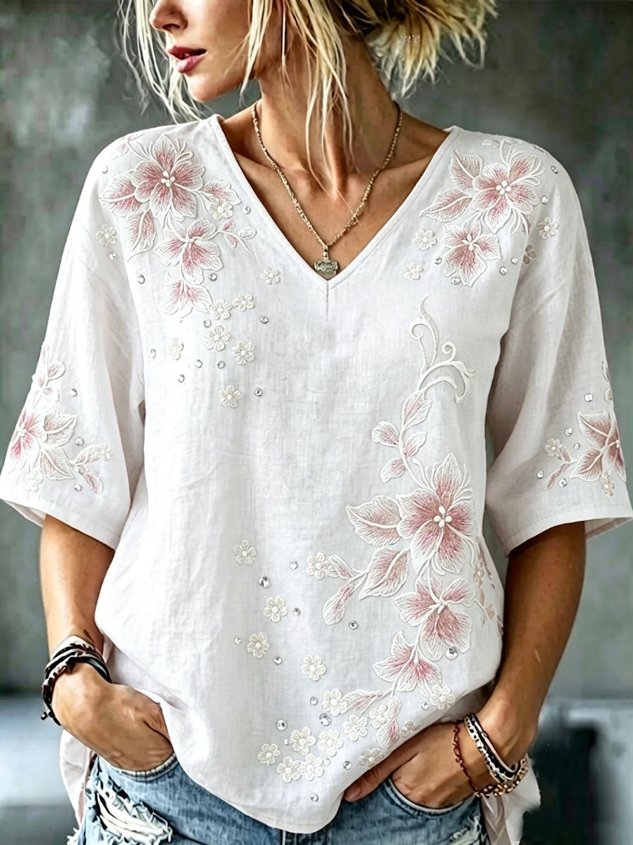 Women's cotton linen flower V-neck short sleeved shirt