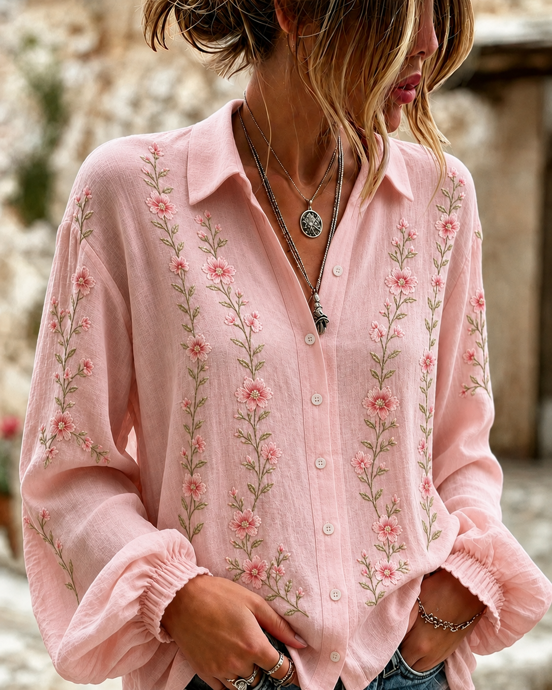 Women's Casual Cotton Linen Flower Bubble Sleeve Shirt