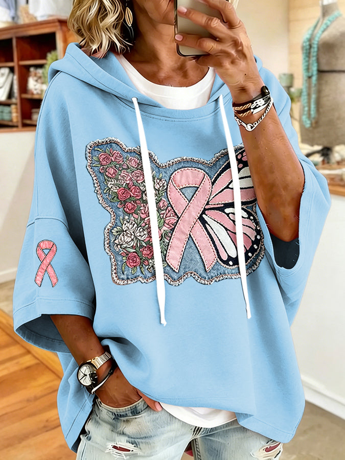 Women'S Vintage Breast Cancer Ribbon Print Hoodie