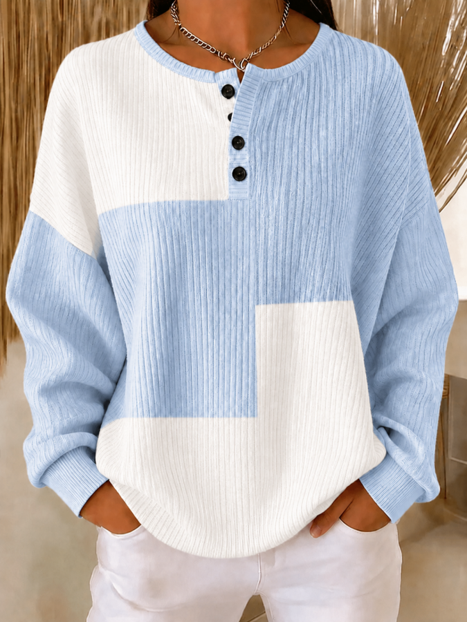 Women Abstract Henley Collar Casual Long Sleeve Sweatshirt