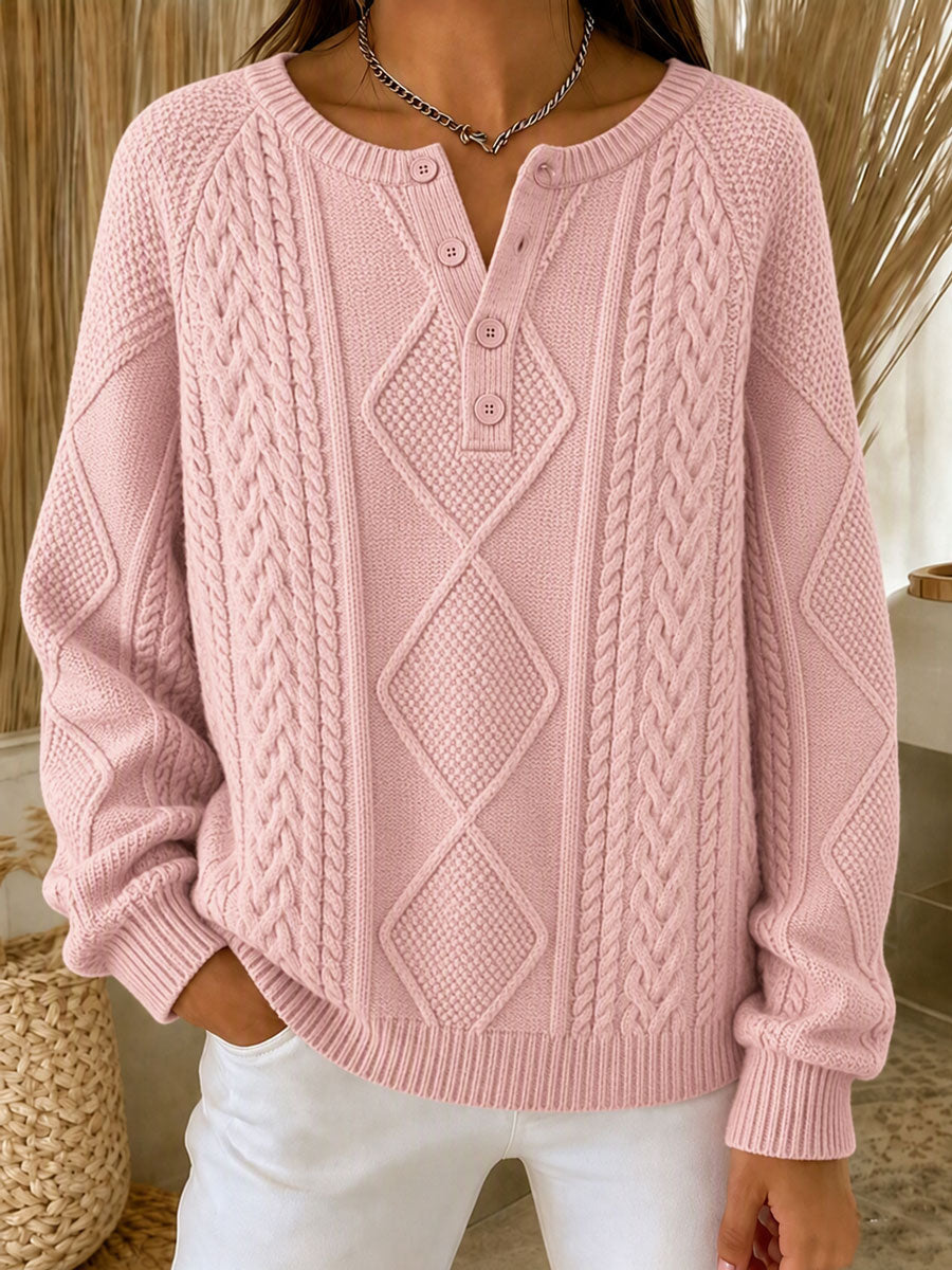 Women'S Casual Printed Henry Button Striped Knitted Top