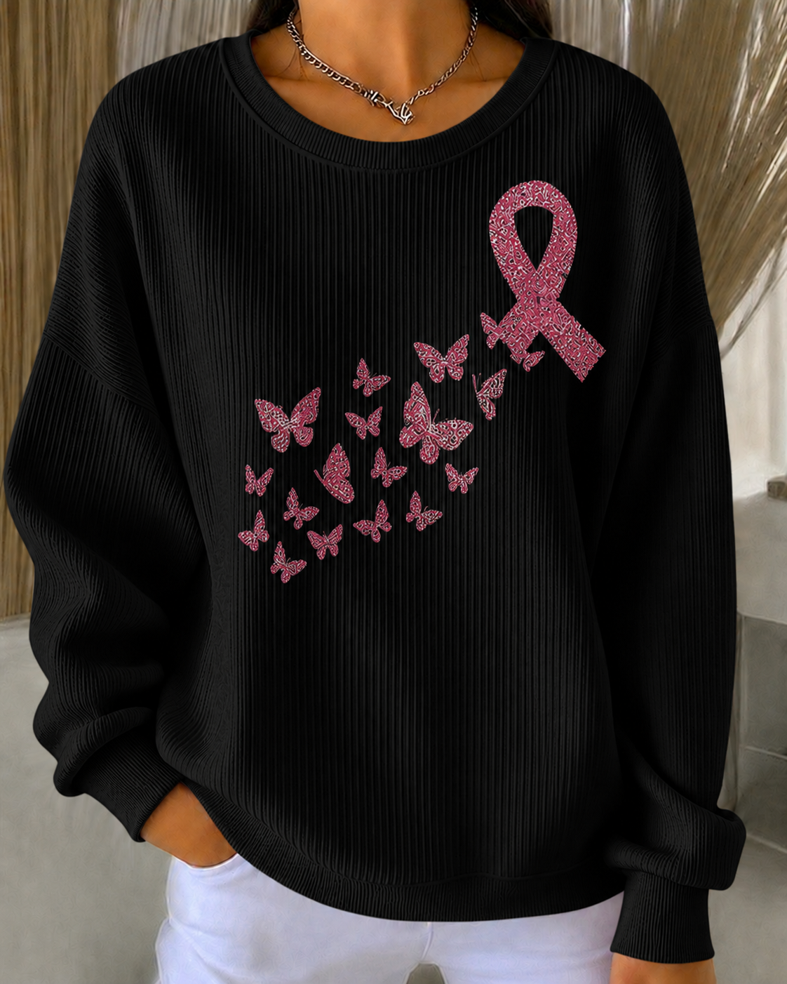 Women'S Breast Cancer Promotional Print Casual Waffle Sweatshirt