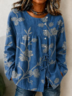 Women'S Breast Cancer Promotion Pink Plant Art Printing Cotton Linen Long Sleeve Shirt