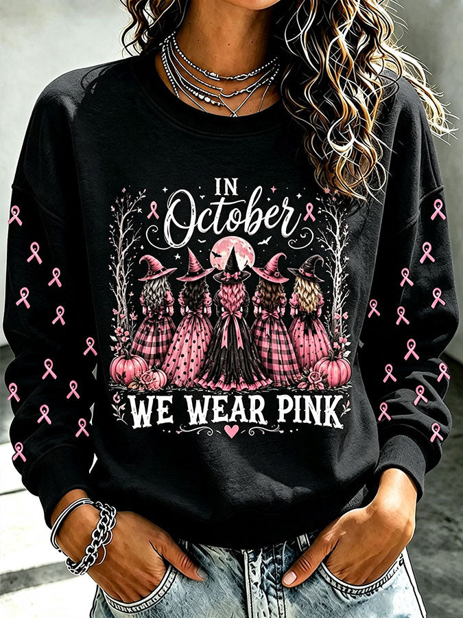 Women'S Retro In October We Wear Pink Print Round Neck Sports Shirt