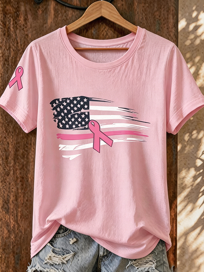 Women's Simple Breast Cancer Combined With Flag Printed T-Shirt