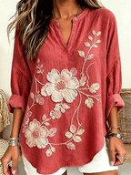 Women's Large Floral Embroidered Henley Neck Linen Blouse