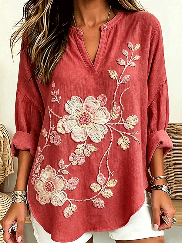 Women's Large Floral Embroidered Henley Neck Linen Blouse
