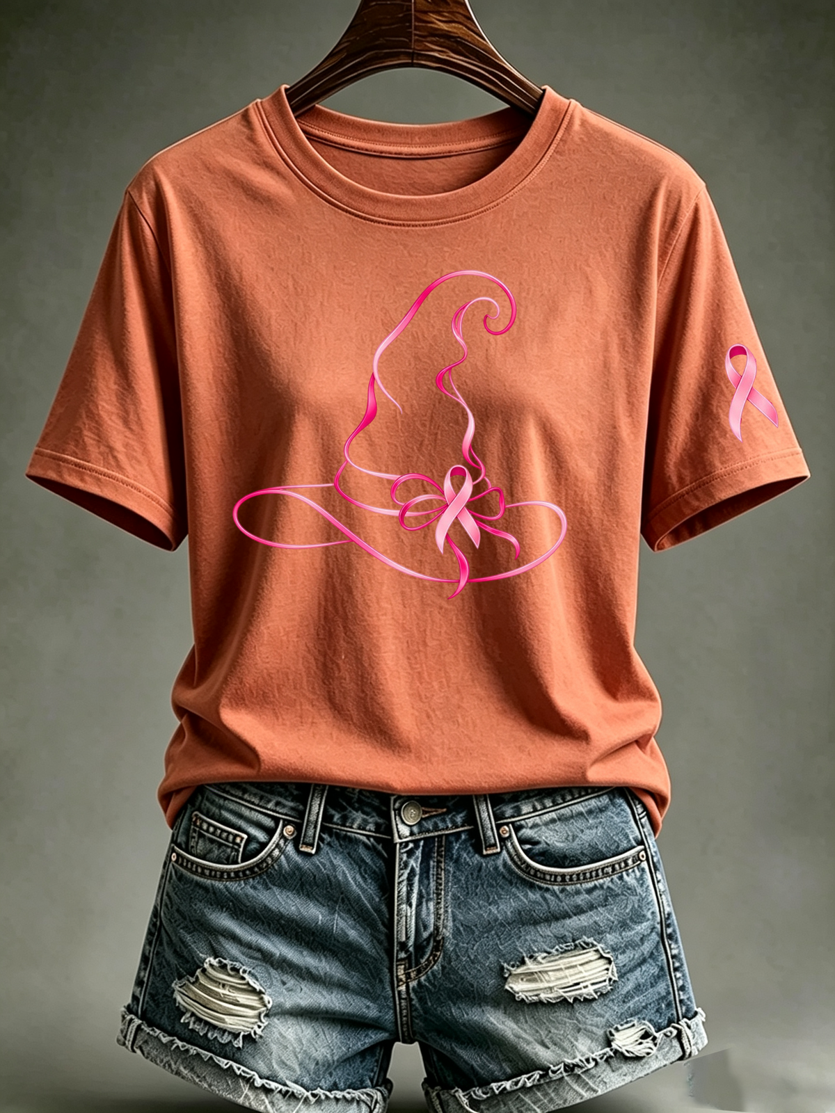 Women's Pink Witch Hat Printed Casual T-Shirt