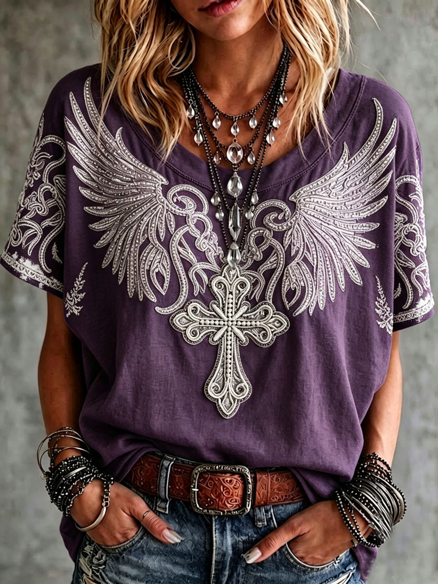 Women's Vintage Cotton-Linen Top with Wing and Cross Motif