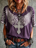 Women's Vintage Cotton-Linen Top with Wing and Cross Motif