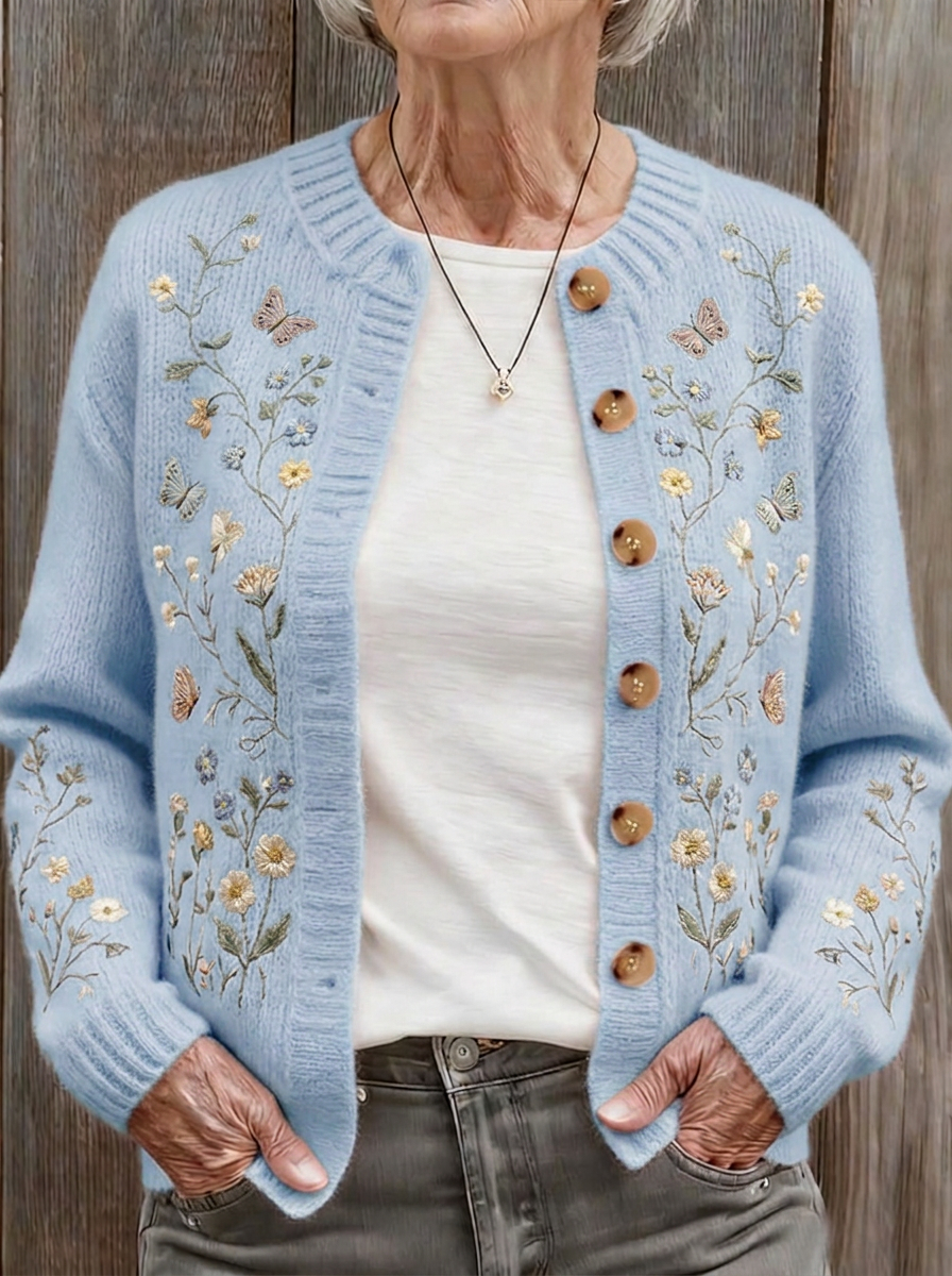 Women's Breast Cancer Awareness Butterfly Floral Embroidered Cardigan