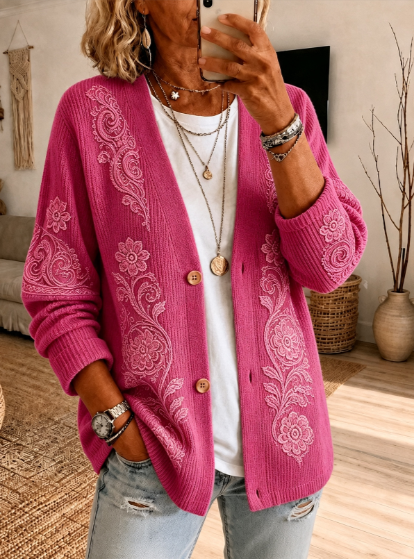 Women's Pink Floral Pattern Knit Cardigan
