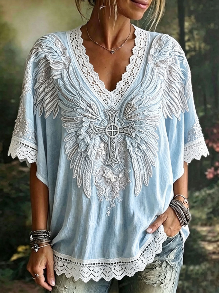 Women's Elegant Wings, Cross, Floral Cotton Linen Top
