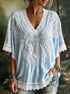 Women's Elegant Wings, Cross, Floral Cotton Linen Top