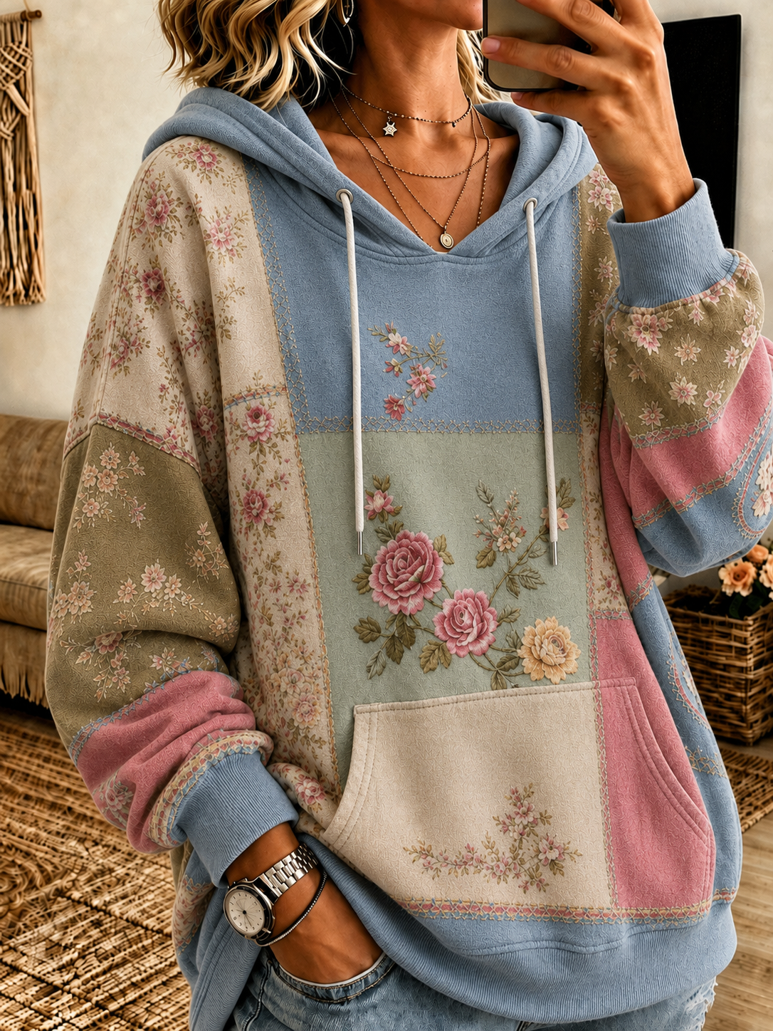 Women'S Floral Contrasting Printed Long Sleeved Hooded Sweatshirt