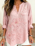 Women's Large Floral Embroidered Henley Neck Linen Blouse