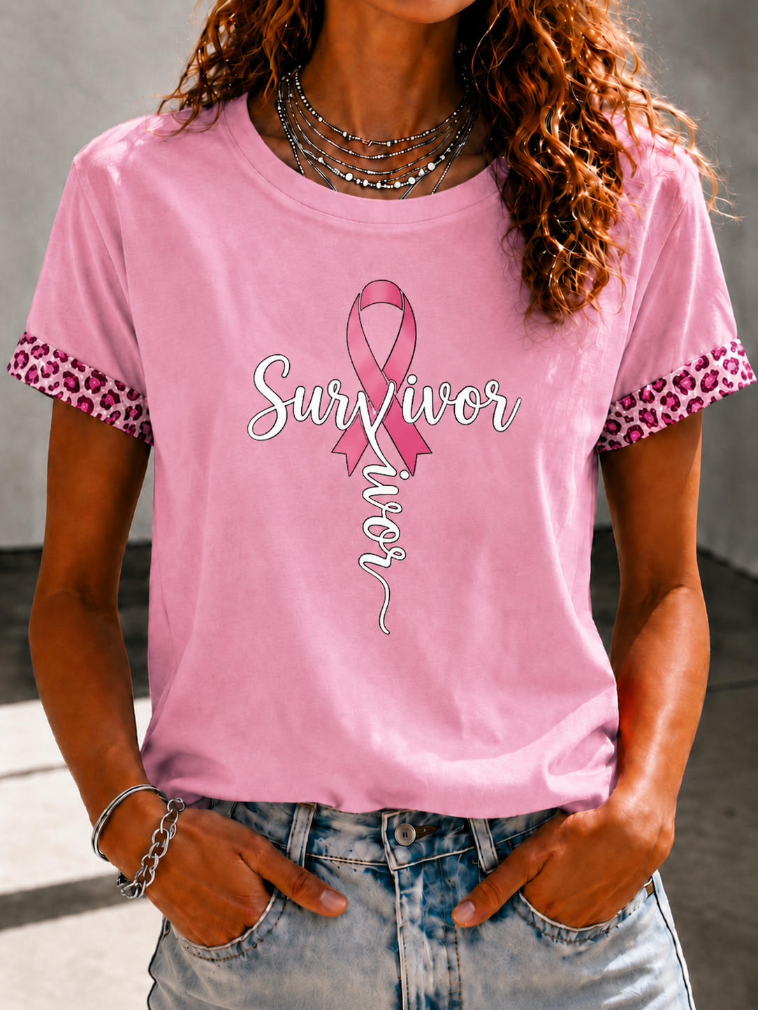 Women'S Pink Art Printed Casual T-Shirt