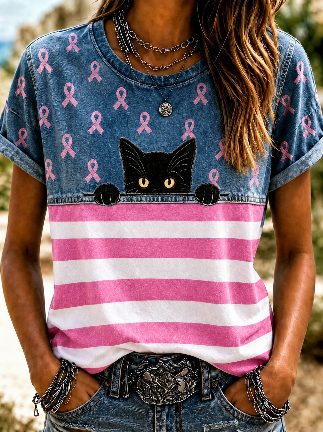 Women'S Breast Cancer Awareness Printing Short Sleeved T-Shirt