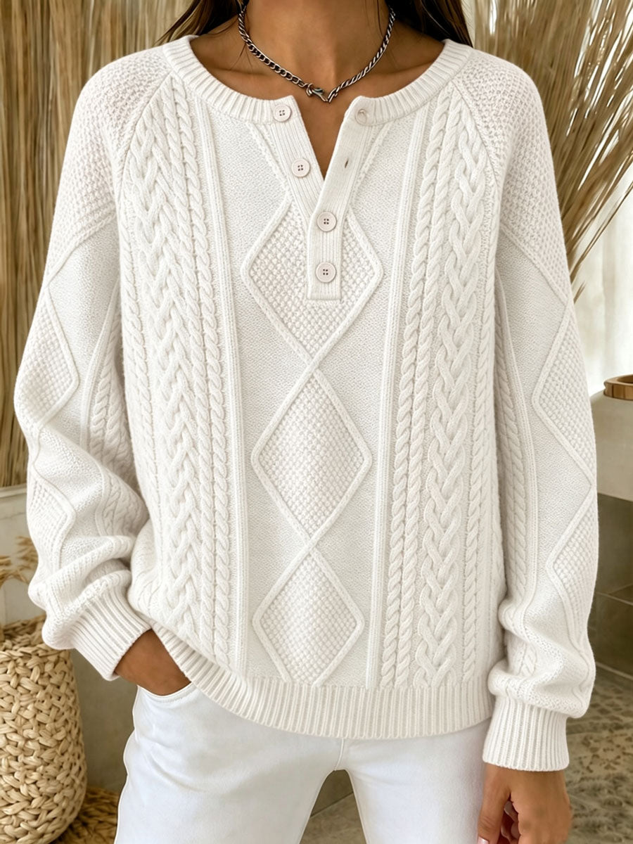 Women'S Casual Printed Henry Button Striped Knitted Top