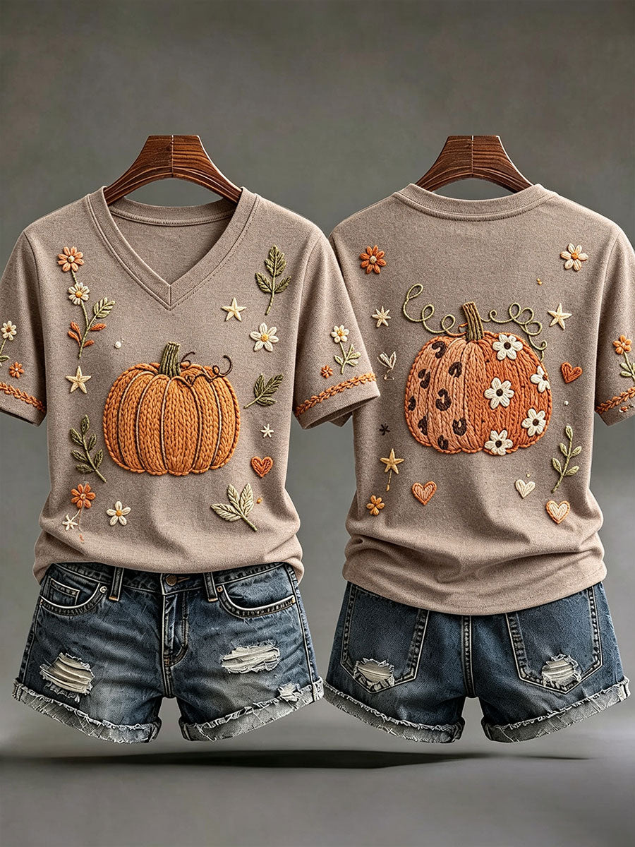 Women's Fall Pumpkin V-Neck T-Shirts