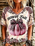 Women's Western Howdy Fall Pink Pumpkin Leopard Bleached Print short-sleeved T-shirt