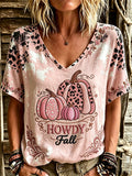Women's Western Howdy Fall Pink Pumpkins Leopard Print linen short-sleeved T-shirt