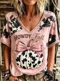 Women's Western Howdy Fall Pink Pumpkin Cowhide Print linen short-sleeved T-shirt