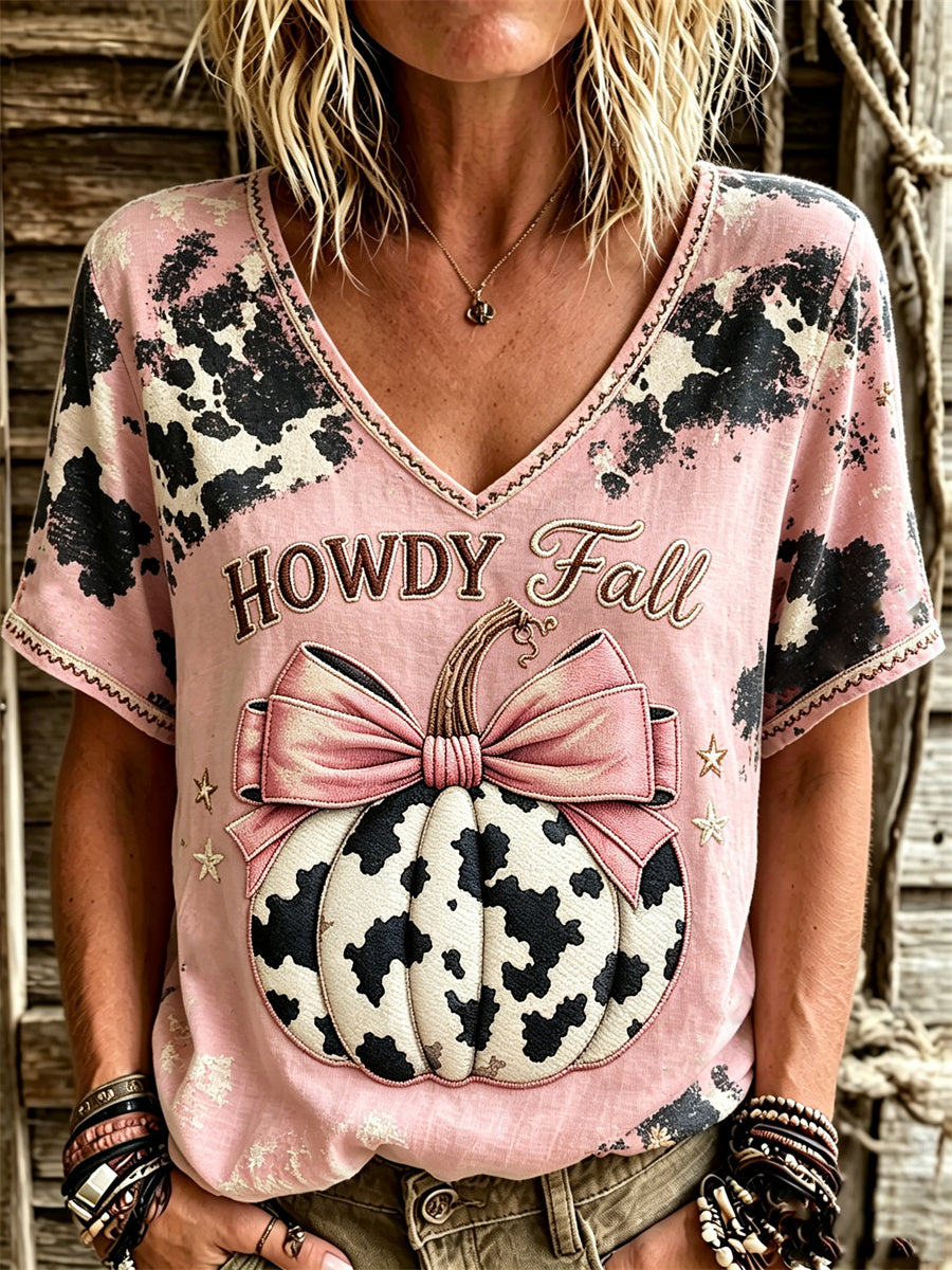 Women's Western Howdy Fall Pink Pumpkin Cowhide Print linen short-sleeved T-shirt