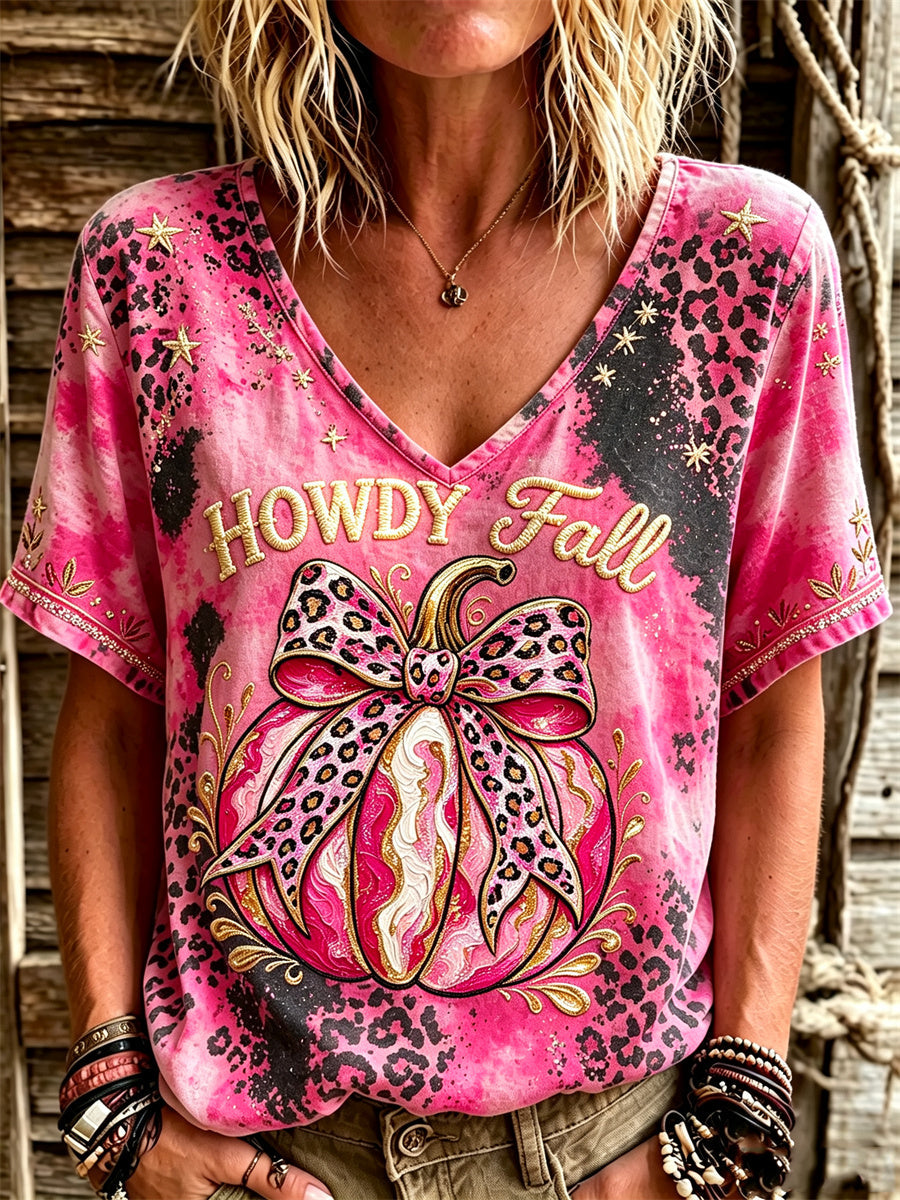 Women's Western Howdy Fall Pink Pumpkin Leopard Cowhide Print linen short-sleeved T-shirt