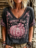 Women's Western Howdy Fall Pink Pumpkin Vintage Floral Print linen short-sleeved T-shirt