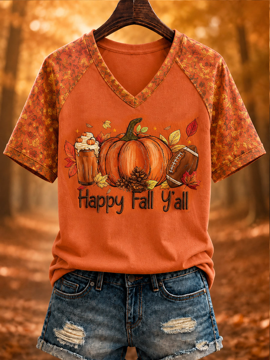 Women's Autumn Printed V-neck T-shirt