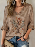 Women's Fall Trees Fall Leaves Printed Mid-length Sleeves V-Neck T-Shirt