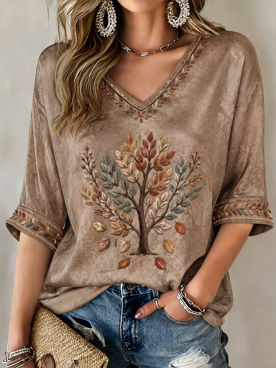 Women's Fall Trees Fall Leaves Printed Mid-length Sleeves V-Neck T-Shirt