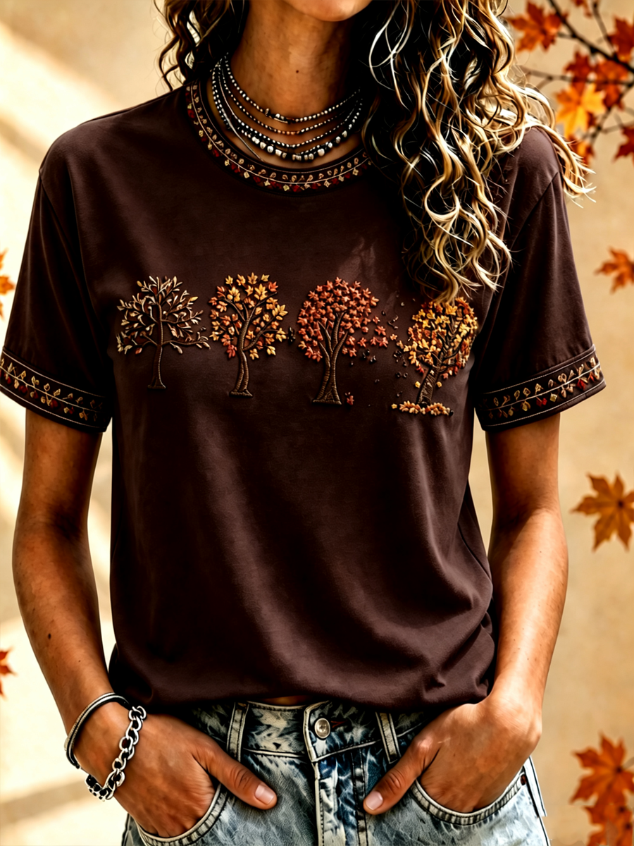 Women's Fall Trees Fall Leaves Printed short-sleeved T-shirt