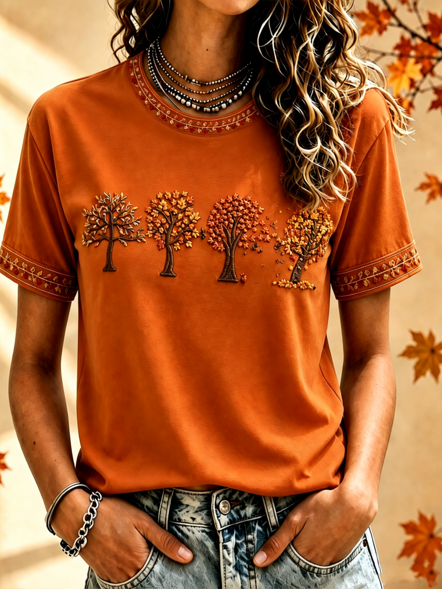 Women's Fall Trees Fall Leaves Printed short-sleeved T-shirt