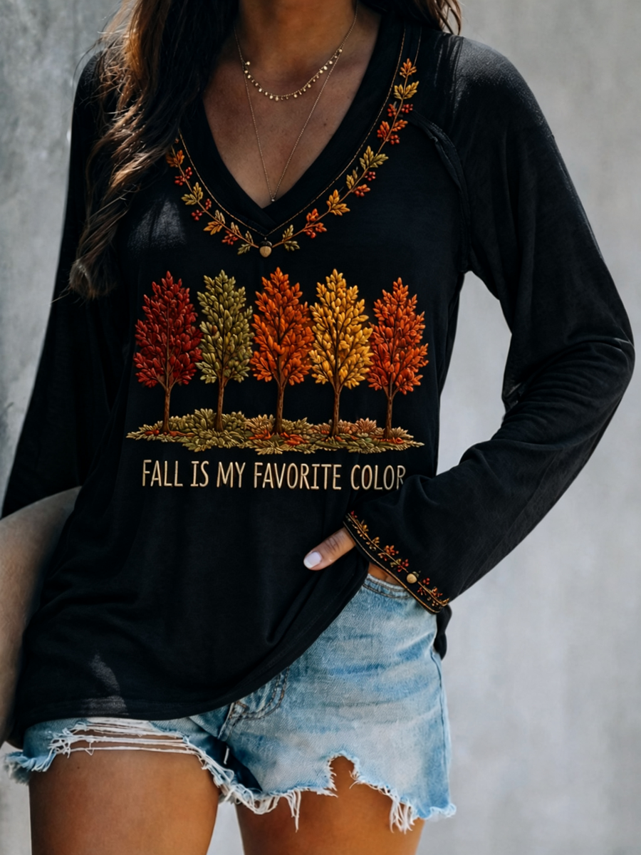 Women's Fall Is My Favorite Color Double Layer Neck Long Sleeve T-Shirt