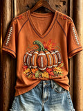 Women's Football Inspired Fall Pumpkin Print short-sleeved T-shirt
