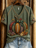 Women's Football Inspired Fall Forest Pumpkin Floral Print short-sleeved T-shirt