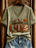 Women's Football Inspired Fall Pumpkin & Leaves Print short-sleeved T-shirt