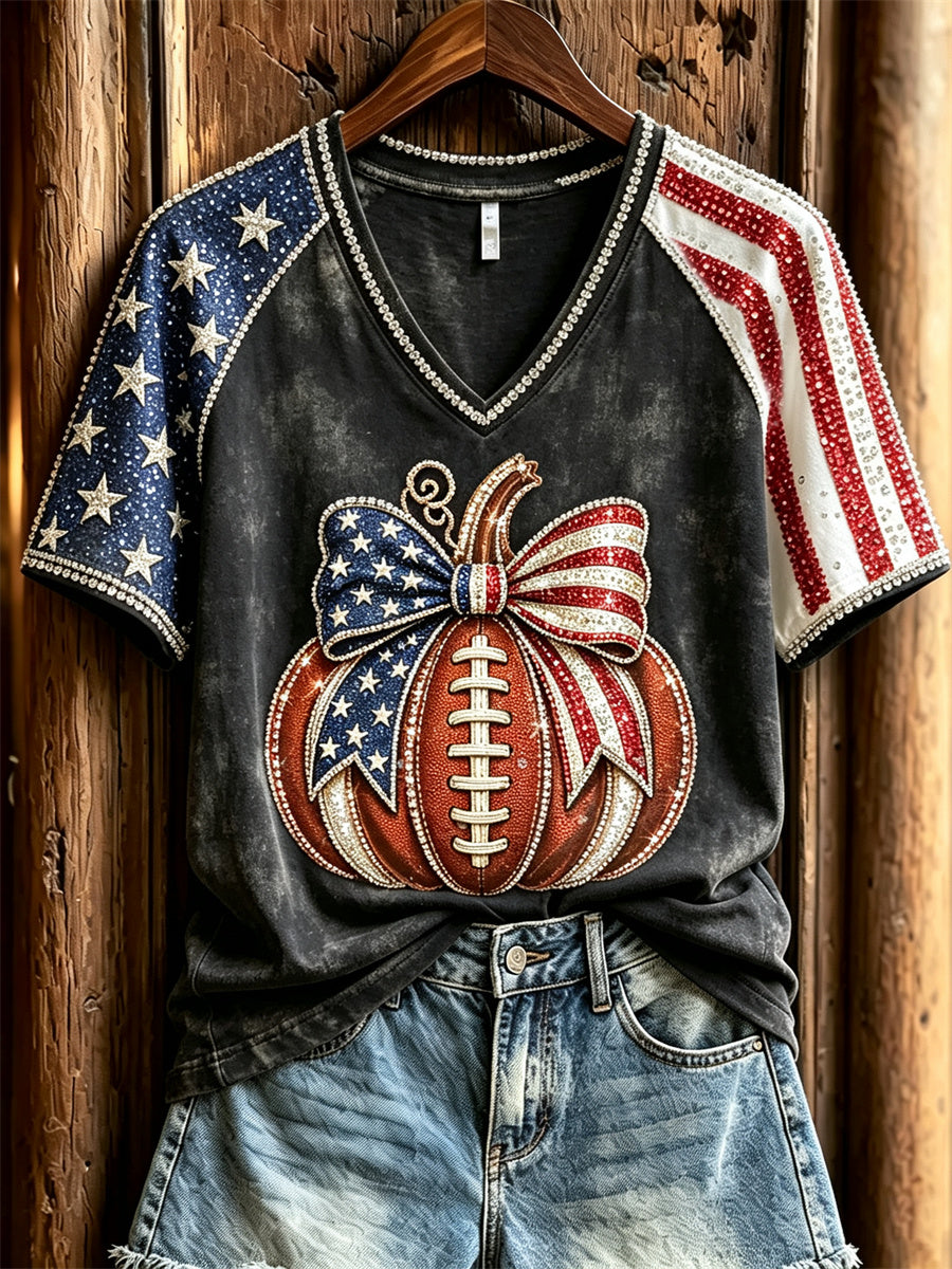 Women's Football Inspired Fall Pumpkin American Flag Print short-sleeved T-shirt