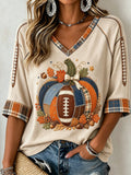 Women's Fall Patchwork Football Pumpkin Print Mid-length Sleeves V-Neck T-Shirt